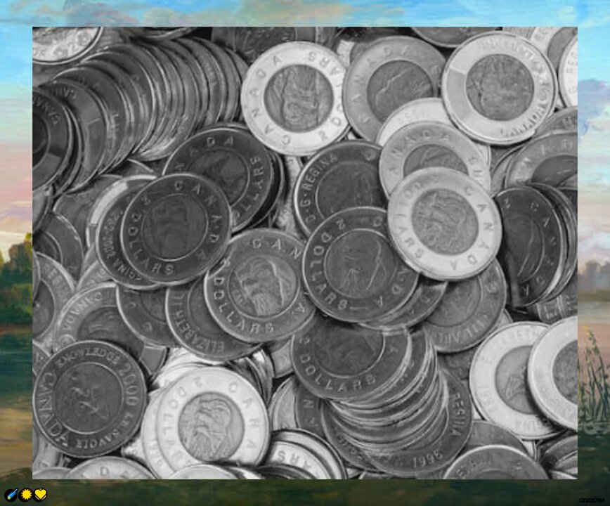 The image shows a large stack of Canadian coins displayed, with some being slightly damaged or worn. There are at least eleven coins visible in various colors and sizes within the pile. The composition of the image seems to be an assortment of different Canadian coins arranged either on top of each other or piled up against one another. The focus of this particular collection is likely on these coins rather than other objects, as it appears that there's a specific theme or intention behind it.