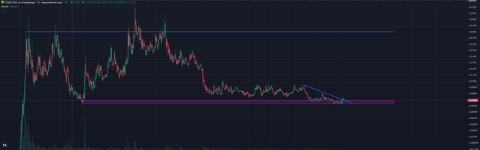 A TradingView candlestick chart displays the "$TOAD/USDT" perpetual futures pair on Binance, with the price consolidating within a descending channel (marked by blue trendlines) above a key horizontal support zone (highlighted by a purple rectangle), illustrating the token's attempt to bounce off support.