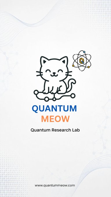 A logo and branding for 'QUANTUM MEOW - Quantum Research Lab' featuring a simple line-drawing of a smiling cat alongside an atom symbol, with the website 'www.quantummeow.com' at the bottom.