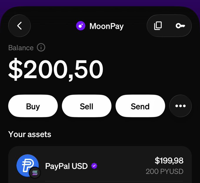 A MoonPay wallet interface displays a balance of $200.50, featuring "Buy," "Sell," and "Send" action buttons, with a notable asset holding of 200 PayPal USD (PYUSD) valued at $199.98, supporting the user's claim of receiving a $200 PYUSD airdrop.