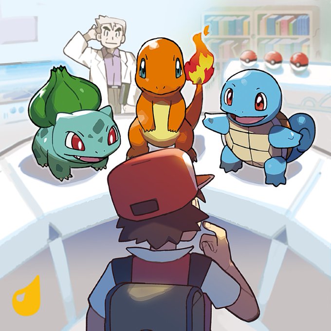 An anime-style illustration showing the back of a trainer with a red cap facing three starter Pokémon (Bulbasaur, Charmander, and Squirtle) on a counter, with Professor Oak in the background.