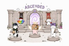 A pixel art scene showing several small characters in a stone room with the word 'ASCENDED' written above a glowing portal, with one character holding a rainbow item.