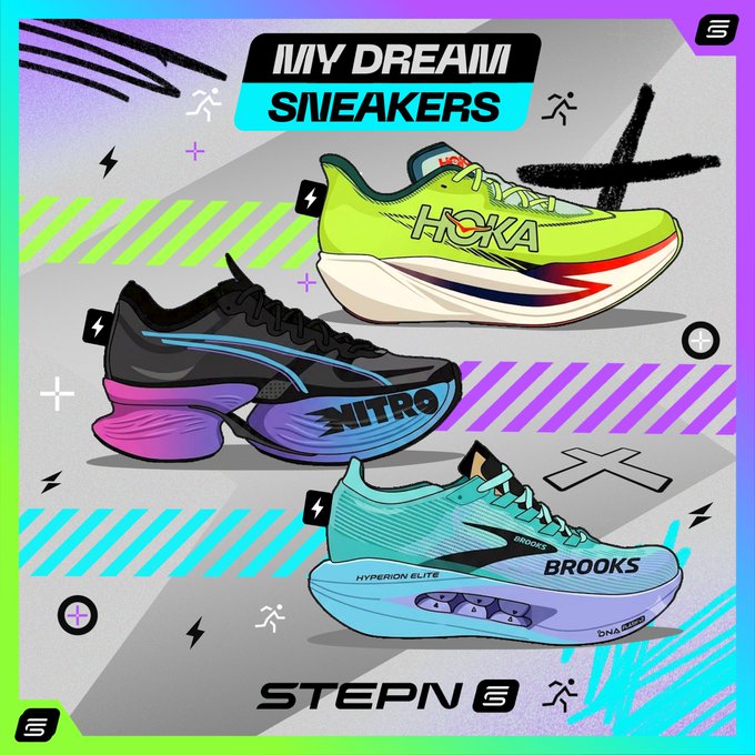 A colorful graphic titled 'MY DREAM SNEAKERS' showcasing illustrations of Hoka, Puma Nitro, and Brooks Hyperion Elite running shoes against a vibrant gradient background with 'STEPN' branding.