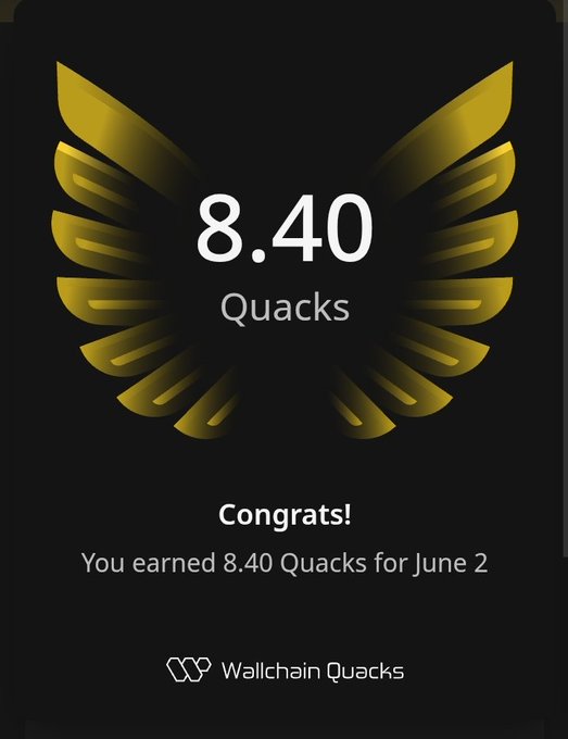 The image features a poster with an illustration of a bird's wing, which has the numbers "8.40 Quacks" written below it. This poster appears to be related to a social media platform or a website where users can earn Quacks for their posts. The text on the poster congratulates the user and mentions that they earned 8.4 Quacks in one day. The focus of this image is on the numbers "8.40 Quacks" and how it relates to the content displayed, which seems to be about a social media platform or website where users can earn Quacks for their posts.