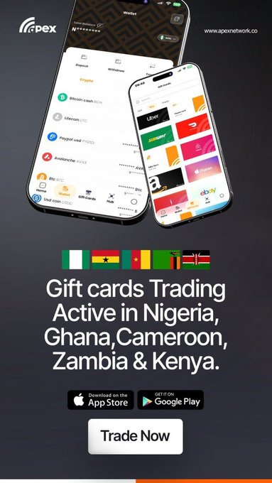The advertisement showcases Apex Network, a gift card trading platform available in Nigeria, Ghana, Cameroon, Zambia, and Kenya, displaying app screenshots of cryptocurrency trading options like Bitcoin Cash, Litecoin, and various gift cards including Uber, Subway, and iTunes. This directly supports the post's theme by visually demonstrating the app's straightforward interface that allows users to quickly swap/trade assets—aligning with the user's desire for a simple, no-friction trading experience where they can complete transactions and move on with their day.