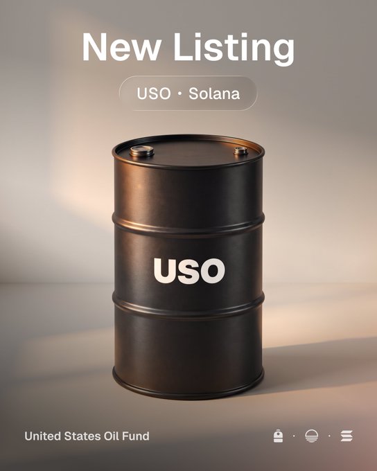 A promotional graphic announcing a 'New Listing' for USO (United States Oil Fund) token on the Solana blockchain, featuring a 3D rendered black oil drum.