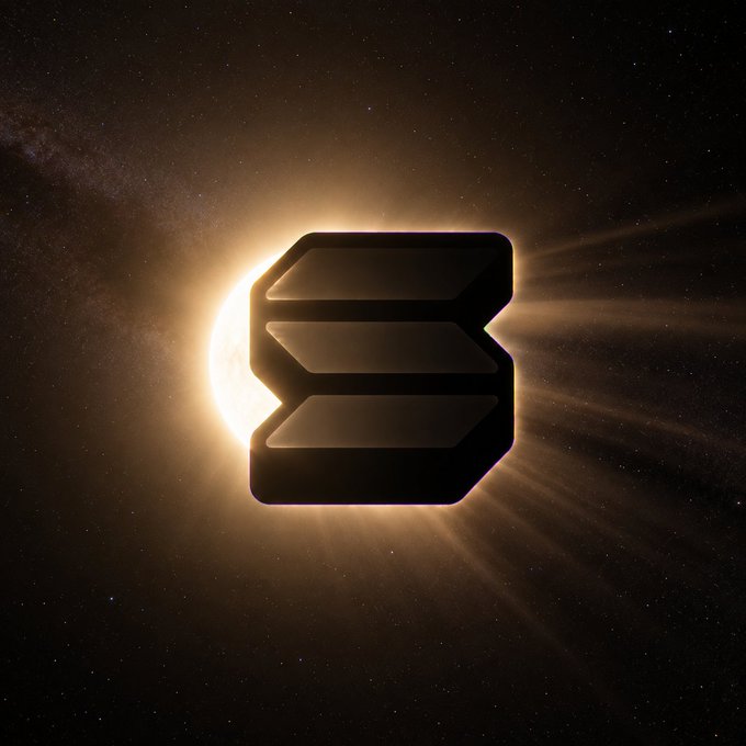 A stylized letter "B" with a glowing solar eclipse effect, where the sun peeks from behind the left side of the logo, casting radiant beams across a starry cosmic backdrop—visually echoing the "not your average eclipse" theme by treating the logo itself as a celestial body in front of the sun.