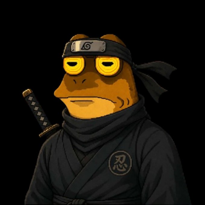 A cartoon frog ninja wearing a black outfit with a headband featuring the Hidden Leaf Village symbol from Naruto, a katana on its back, and the kanji "忍" (ninja) on its chest, all set against a black background. The image aligns with the post's stealth airdrop theme by portraying a covert ninja ready to silently reward vigilant community members with $HYPNO tokens.