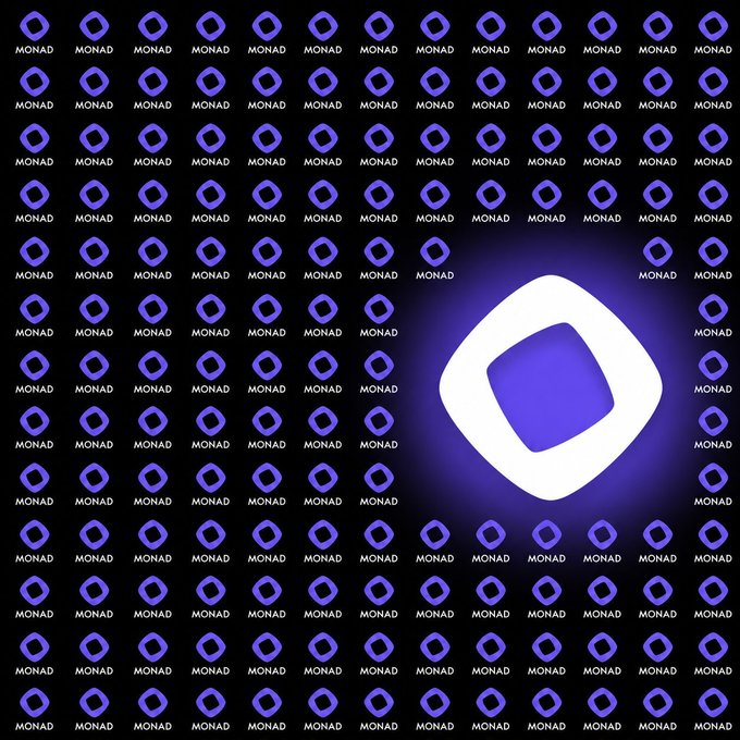 A repeating grid pattern of small purple "MONAD" logos surrounds a single large, glowing white and purple Monad logo in the center, visually echoing the repeated "Monad" text in the post.

Wait—the logo reads **MONAD**, not "Monao" (which is not a real word). The image shows the Monad brand logo repeated across the background with a prominent central version.

A repeating grid of small purple "MONAD" logos surrounds a single large, glowing Monad emblem in the center, visually reinforcing the repeated "Monad" text in the post through sheer repetition.