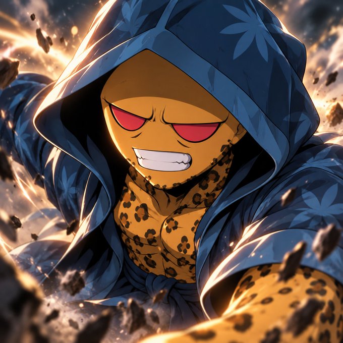 An anime-style illustration of a muscular character wearing a blue floral hood and leopard print clothing, with glowing red eyes and a fierce grin, set against a dramatic, debris-filled background.