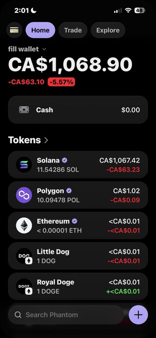 Phantom wallet mobile app screenshot showing a balance of CA$1,068.90 (-5.57%), with token holdings including Solana, Polygon, Ethereum, Little Dog, and Royal Doge.