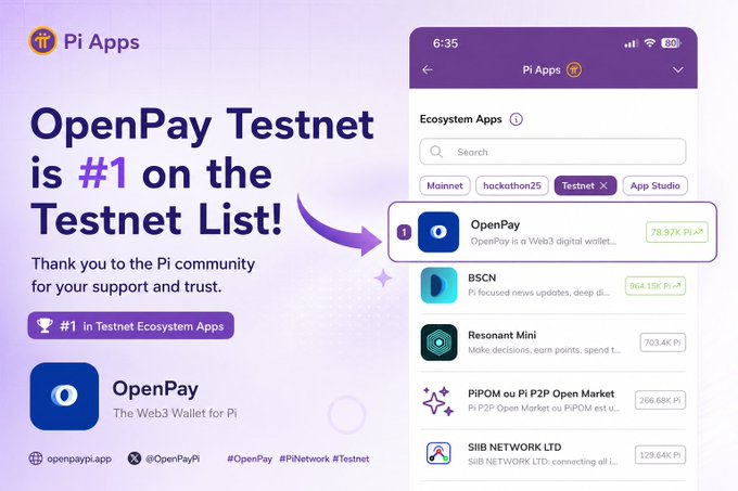 The image is a celebratory announcement graphic showing that OpenPay Testnet is ranked #1 on the Pi Apps Testnet List, with a screenshot of the Pi Apps interface displaying OpenPay at the top with 78.97K Pi staked, surpassing other apps like BSCN (864.15K Pi) and Resonant Mini (703.4K Pi). It visually reinforces the post's message about OpenPay's top-ranking status and strong community staking support of nearly 79,000 Pi.