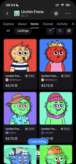 A mobile screenshot of the OpenSea app showing the "Urchin Frens" NFT collection priced at $3.72, featuring four cartoon urchin characters with varying listings at 5192, 1919, 4319, and 5227. The post's comment "It is not well" humorously reflects on the low $3.72 price point and unremarkable listings for these quirky NFT characters.