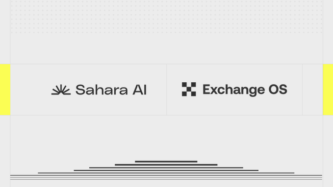 The image features a white background with two logos - one for "Sahara AI" and another for "Exchange OS". The text below the logos reads "Permissionless exchange deployments plus an AI trading strategy layer! Sahara AI is excited to help empower @OKX and @XLayerOfficial with autonomous agents across spot, perps, and prediction markets.". This information suggests that the image might be related to a discussion or promotion about the collaboration between these two companies in the field of artificial intelligence and data analysis.