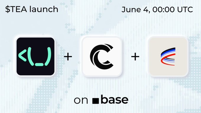 The image features a poster for an event related to cryptocurrency, specifically focusing on the token "base" that was launched by Binance Labs. The poster displays three logos representing different aspects of the base token launch. One logo shows a white square with a green "U", symbolizing the "tea" aspect of the token. Another logo features a black and white "C" and an arrow pointing to the right, indicating the direction of the base token's growth. The third logo displays a red and blue "E" along with a dollar sign, representing the financial aspect of the token launch. The poster also includes text that announces the event as scheduled for June 4th at 4:00 PM UTC, providing details about the event and its location.