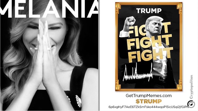Meme image featuring Melania Trump on the left and a framed “TRUMP FIGHT FIGHT FIGHT” graphic on the right, with “MELANIA,” “GetTrumpMemes.com,” and a visible contract address.
