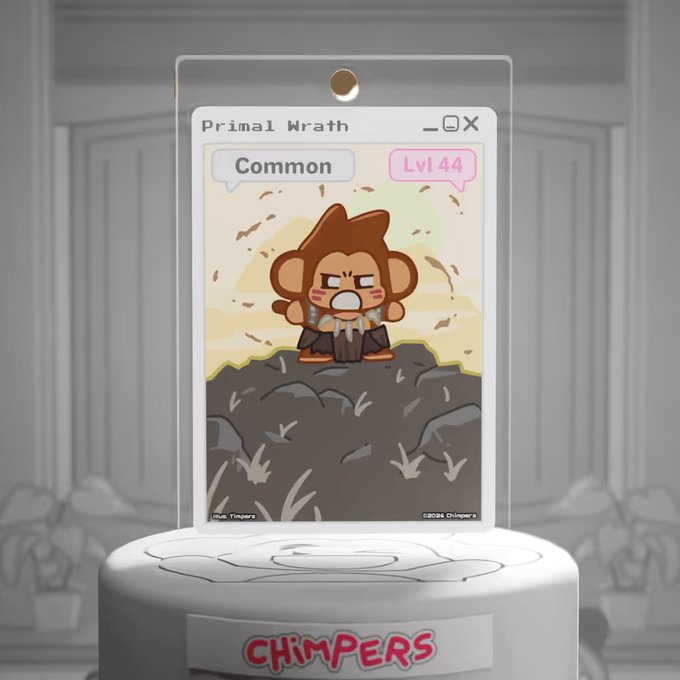 A digital trading card titled 'Primal Wrath' showing an angry cartoon chimpanzee, marked as 'Common' and 'Lvl 44', displayed on a pedestal labeled 'CHIMPERS'.