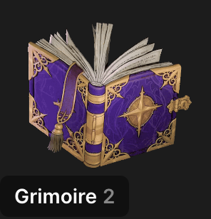 An ornate purple and gold grimoire book NFT labeled "Grimoire 2" sits against a black background, fitting the magical fantasy theme of the minting project the user is excited to receive, hoping to pull a Legendary rarity.