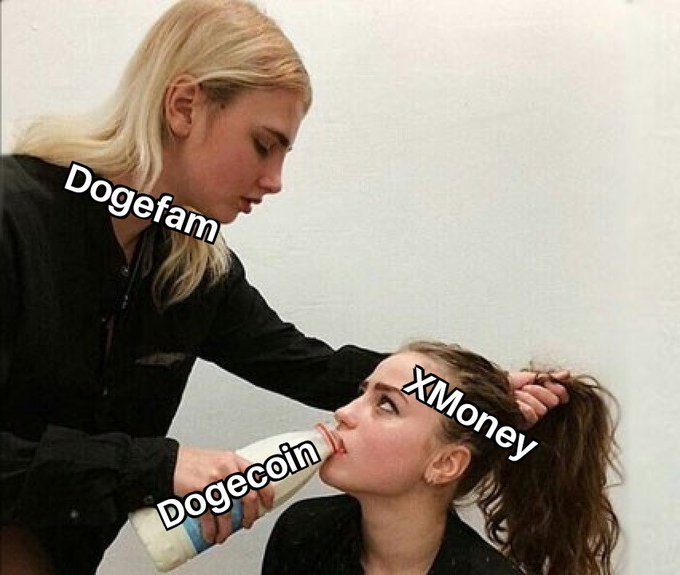 A meme depicting two women, labeled 'Dogefam' (feeding milk) and 'XMoney' (the receiver), with the bottle labeled 'Dogecoin,' humorously suggesting that Dogecoin is feeding the XMoney ecosystem.