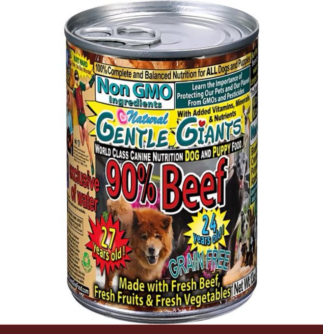 A colorful can of 'Natural Gentle Giants' dog food advertises '90% Beef' as grain-free nutrition made with fresh beef, fruits, and vegetables.