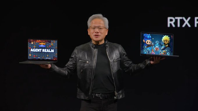 The image features a man standing next to two laptops, one of which has a black leather jacket on top of it. The other laptop displays an advertisement for the Nintendo Wii gaming console. The man appears to be presenting or demonstrating these devices, possibly showcasing their capabilities and features.