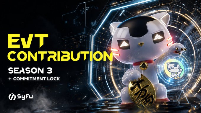 A promotional graphic for 'EvT CONTRIBUTION SEASON 3 + COMMITMENT LOCK' on SyFu, featuring a white Maneki-neko (lucky cat) holding a gold coin with a Maneki-neko symbol on its chest.