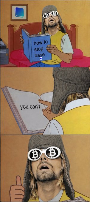 A three-panel meme featuring a man in a beanie and Bitcoin sunglasses reading a book titled "how to stop kaspa," which opens to reveal "you can't" before he gives a thumbs up in approval.