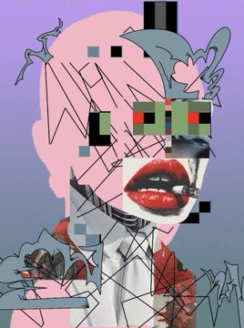A glitch-art style digital illustration featuring a stylized face with bright red lips, pink hair, and pixelated digital distortions.