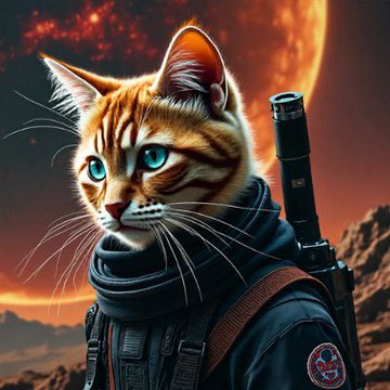 An orange tabby cat with blue eyes wears tactical gear and carries a weapon against a fiery red planet backdrop, channeling a fierce warrior aesthetic. The image plays on the viral "self-defense space cat" meme by depicting the cat in a rugged, militarized sci-fi style, aligning with the post's reference to Elon Musk's 2024 meme and the $CATALORIAN token's surge.