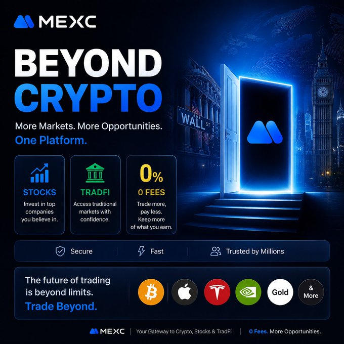 MEXC exchange advertisement with the tagline 'BEYOND CRYPTO - More Markets. More Opportunities. One Platform,' promoting stocks, TradFi, and 0% fees trading.