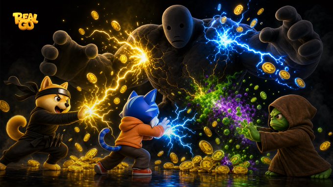 A vibrant, stylized 3D illustration featuring a dog in a ninja outfit, a blue cat in a hoodie, and a green hooded figure battling a giant shadowy monster with electric powers, surrounded by gold coins, with a "Real GO" logo in the top left.