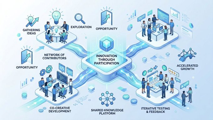 The image features a flowchart that illustrates the process of innovation, with various elements such as ideas, people, and technology represented within the diagram. The flowchart shows how these components are interconnected and contribute to the overall innovation process. The caption below the flowchart provides additional context about the relationship between innovation and participation in driving progress.