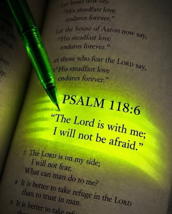 The image shows an open Bible illuminated by a green highlight, prominently featuring Psalm 118:6, "The Lord is with me; I will not be afraid," along with verses about taking refuge in the Lord rather than trusting in man. A green pen rests on the page, and the accompanying Bitcoin post suggests an analogy between religious faith in God's steadfastness and unwavering belief ("HODLing") in Bitcoin's long-term value despite market volatility.