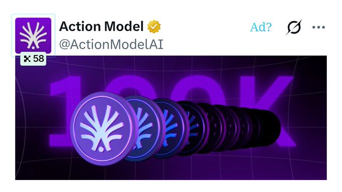 A social media post from Action Model (@ActionModelAI) with a verified checkmark, featuring a purple 3D graphic of repeating logos forming a tunnel with "100K" text in the background.