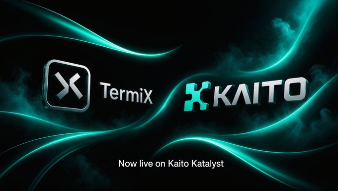 A dark banner with teal smoke effects displays the Termix and KAITO logos, along with the text 'Now live on Kaito Katalyst.'