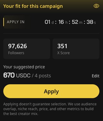 The image shows a phone screen displaying an application or poll that requires a user's input about their preferred price range for applying or engaging with content, possibly related to marketing strategy or campaign planning. The app offers options such as USDC (User Data Capital) and 4 posts. This feature of the app could be used in marketing campaigns, where companies seek creators whose target audience matches their desired demographic characteristics. Wallchain Select is a hot new thing in the wallchain ecosystem that helps users to find creators based on specific interests or preferences, enhancing user engagement and satisfaction with content creation opportunities.