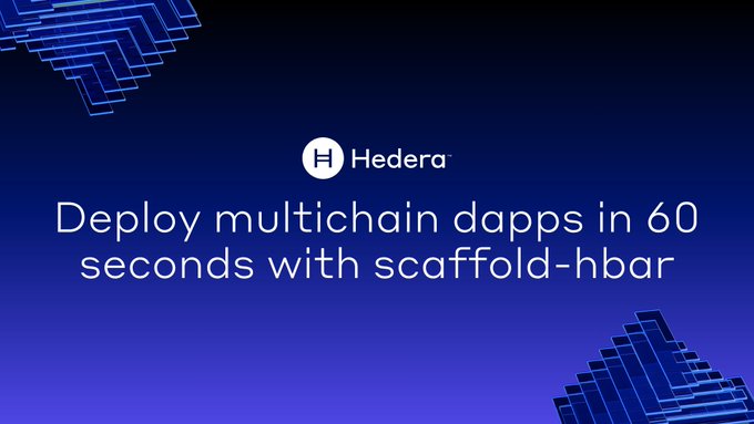 A dark blue promotional graphic for Hedera features the company's logo and text reading "Deploy multichain dapps in 60 seconds with scaffold-hbar," directly highlighting the headline claim from the post about launching a production-ready multichain dapp in under a minute via a single CLI command.