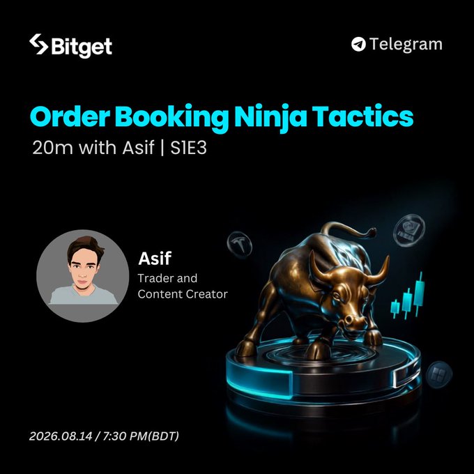 Bitget Telegram announcement promoting 'Order Booking Ninja Tactics,' a 20-minute session with Asif scheduled for 2026.08.14 at 7:30 PM BDT.