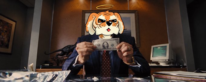 A man in a dark suit and red tie sits at an office desk holding up a one-dollar bill, with a cartoon tiger head filter covering his face. The scene is styled like a vintage photo of a wealthy businessman, matching the "GM let's get Money" caption with its confident, money-focused pose.