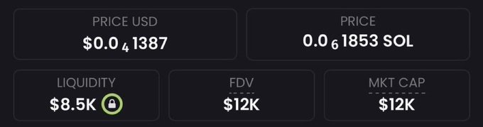 A cryptocurrency dashboard displaying metrics: 'PRICE USD $0.0₄1387', 'PRICE 0.0₆1853 SOL', 'LIQUIDITY $8.5K' with a lock icon, 'FDV $12K', and 'MKT CAP $12K'.