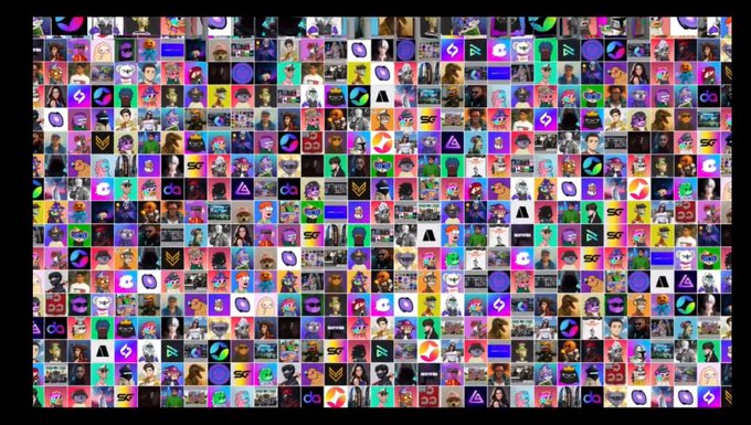 A grid mosaic composed of hundreds of small NFT profile pictures (PFPs) in various colors, predominantly purple, green, and black.