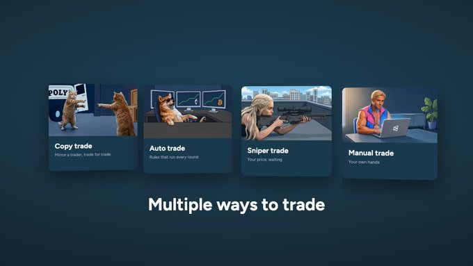 The image showcases Polymarket's "Multiple ways to trade" feature, displaying four trading options: Copy trade (mirror a trader), Auto trade (rules that run every round), Sniper trade (your price, waiting), and Manual trade (your own hands), each illustrated with a cat character. The caption highlights how these options, particularly Copy trade with handpicked traders, aligns with the post's excitement about the platform protecting users from blindly following bad traders.