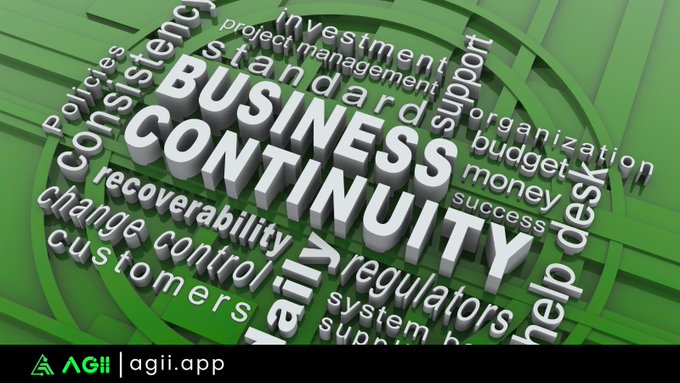 A green-themed graphic features a word cloud centered on 'BUSINESS CONTINUITY', surrounded by related terms like 'standard', 'recovery', and 'policies', branded with the AGII logo.