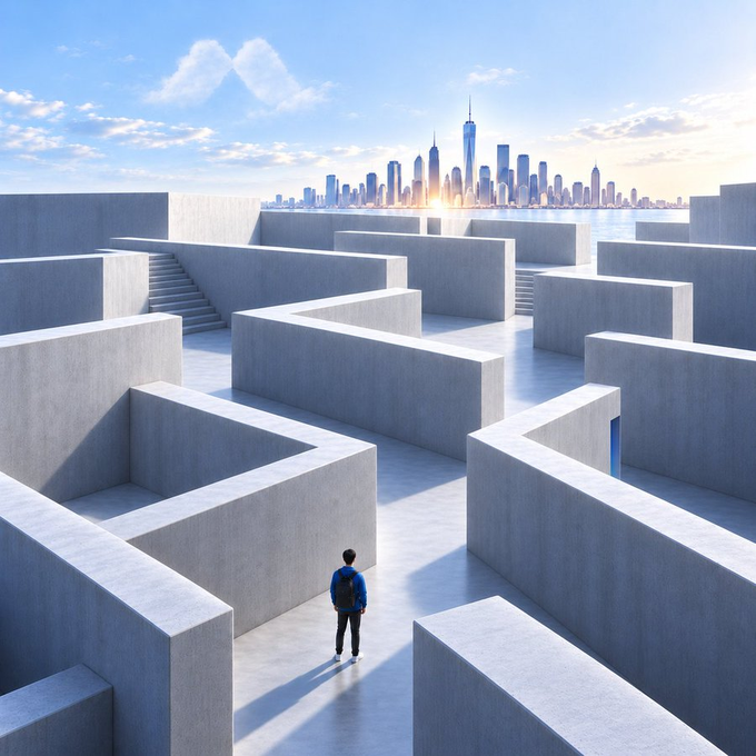 A person with a backpack stands at the entrance of a large concrete maze, looking toward a distant city skyline.