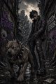 A dark fantasy illustration of a figure walking with a beast or lion through a shadowy, archway-lit environment.