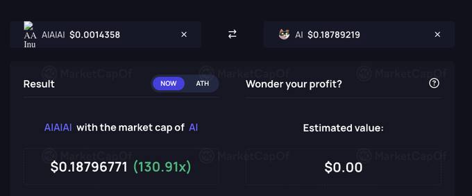 A screenshot of a cryptocurrency comparison tool showing that if AIAIAI had the market cap of AI, it would be valued at $0.18796771, a 130.91x increase.