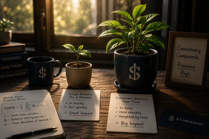 An inspirational image comparing 'Large Balance for a Moment' (small impact) with 'Consistent Balance Over Time' (big impact), featuring potted plants with dollar signs, books on tokenomics, and a note reading 'Consistency Compounds. Presence Pays.' with the Ethraship logo.