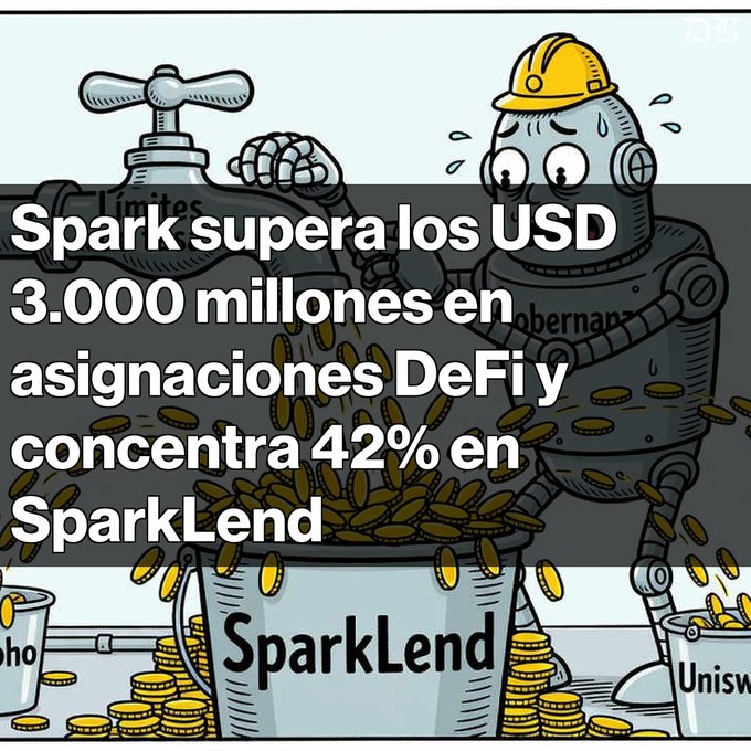 A cartoon illustration of a sweating robot pouring coins into a bucket labeled 'SparkLend' is overlaid with Spanish text reading 'Spark supera los USD 3.000 millones en asignaciones DeFi y concentra 42% en SparkLend'.
