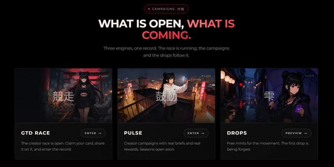 A dark-themed webpage interface displays a "CAMPAIGNS" section with the heading "WHAT IS OPEN, WHAT IS COMING," featuring three campaign cards: "GTD RACE" (競走), "PULSE" (鼓動), and "DROPS" (雫), each with an "ENTER" or "PREVIEW" button. The image relates to the post by showing a creator-focused NFT campaign platform, connecting to the discussion of hunting for whitelist (WL) spots and creator-driven campaigns like those referenced in the @0xhazels context.