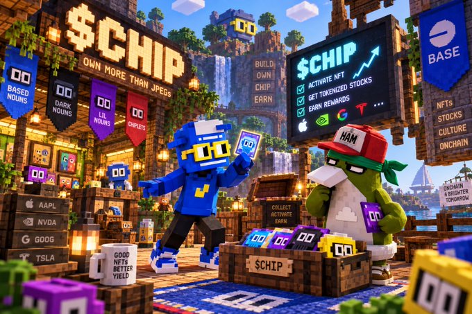 A vibrant Minecraft-style 3D promotional image for '$CHIP' on the BASE platform, featuring blocky characters, NFT/stocks references (TSLA, AAPL, NVDA), and a 'BUILD OWN CHIP EARN' sign.